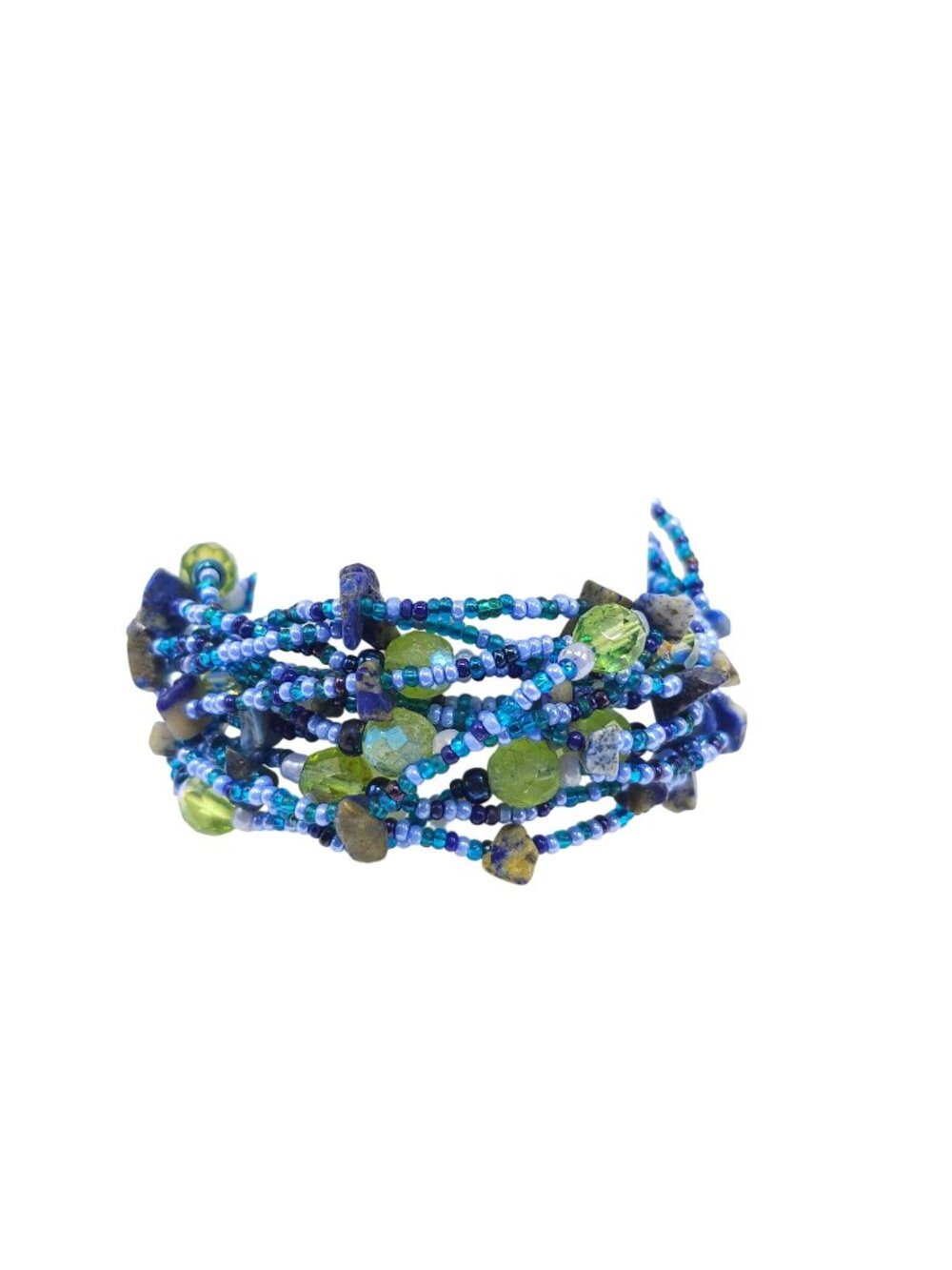 Beaded Multi-Strand Cuff Bracelet With Blue & Green Gemstones Button Closure